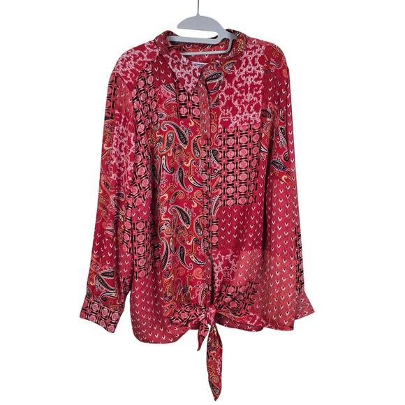 Women's Allison Daley Red Paisley Button Up Tie Front Blouse | Size 3X - Picture 1 of 9